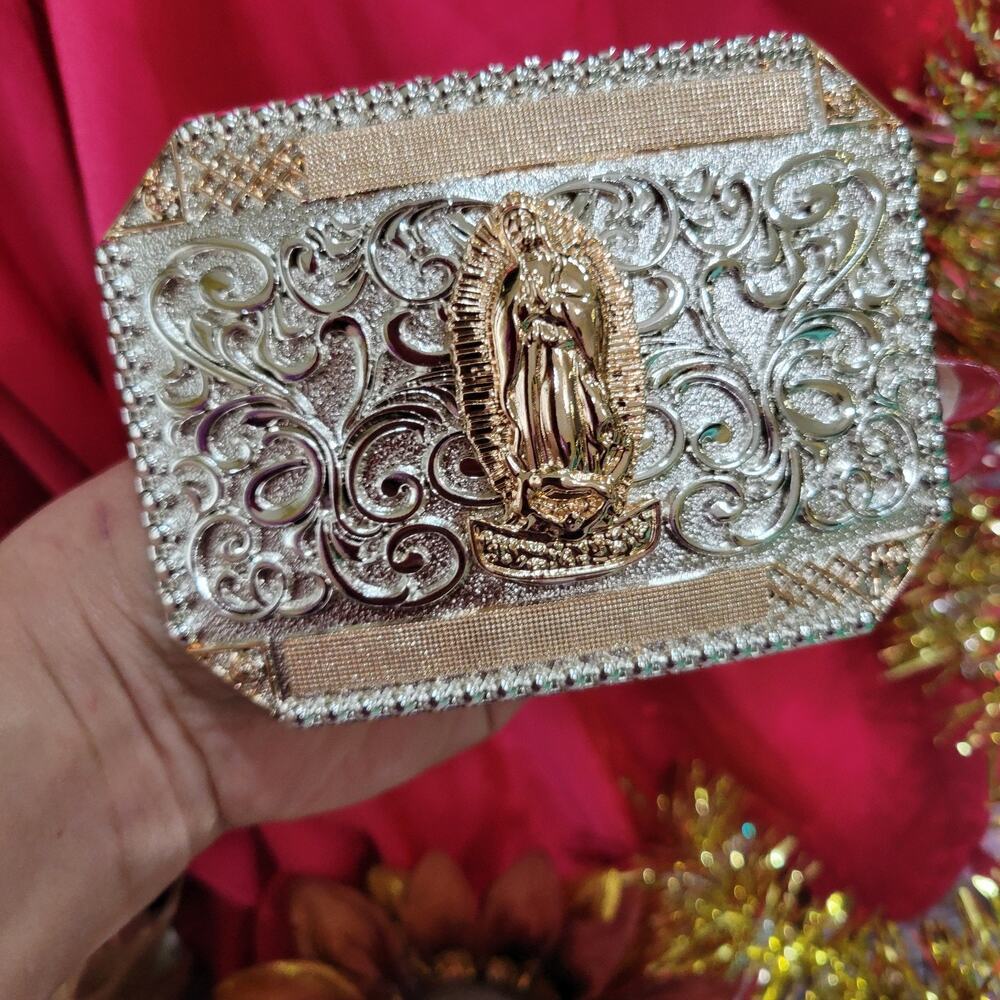 Virgen De Guadalupe Western belt Buckle Rose Tone Silver Heavy Zinc Alloy Oval